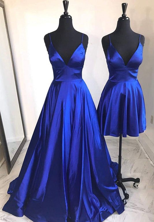 solvbao Blue V-Neck Satin Prom Dresses, A-Line Evening Dresses