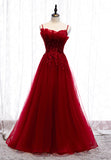 solvbao Burgundy Lace Long Prom Dresses, A-Line Spaghetti Strap Evening Dresses