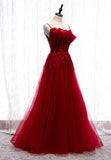 solvbao Burgundy Lace Long Prom Dresses, A-Line Spaghetti Strap Evening Dresses