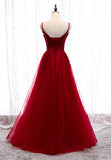 solvbao Burgundy Lace Long Prom Dresses, A-Line Spaghetti Strap Evening Dresses