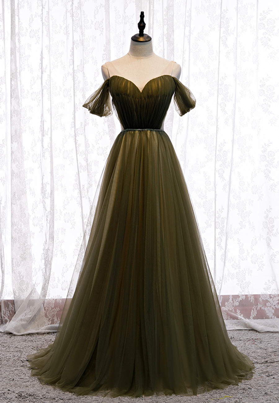 solvbao Green Tulle Long A-Line Prom Dresses, Off the Shoulder Evening Dresses