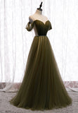 solvbao Green Tulle Long A-Line Prom Dresses, Off the Shoulder Evening Dresses