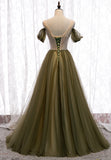 solvbao Green Tulle Long A-Line Prom Dresses, Off the Shoulder Evening Dresses