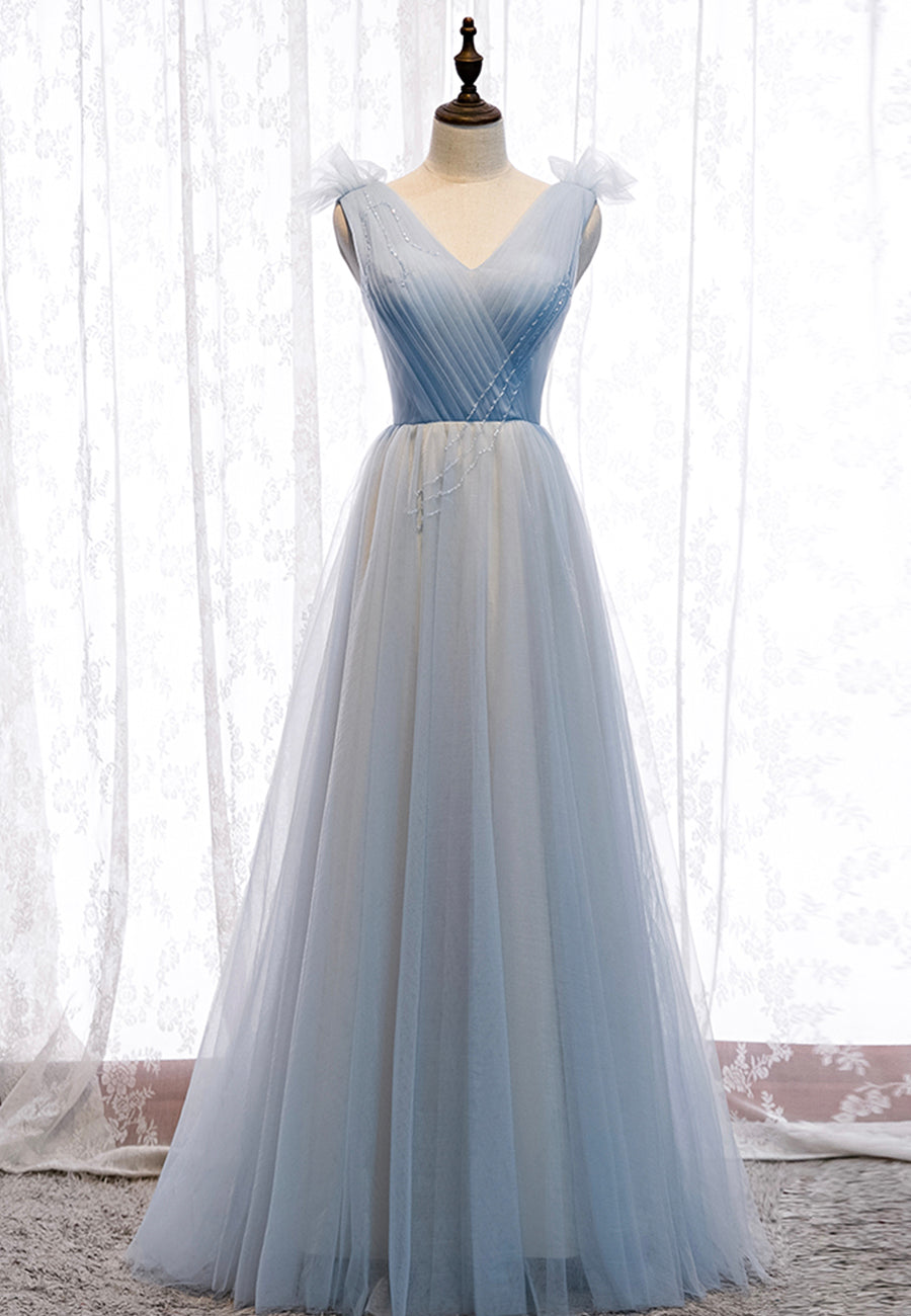 solvbao Blue V-Neck Tulle Long Prom Dresses, A-Line Evening Dresses