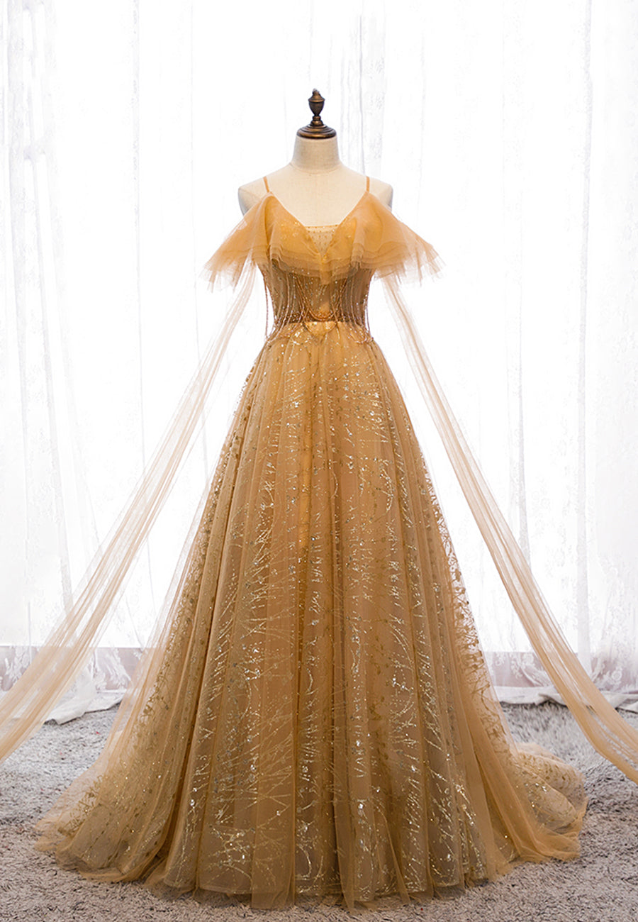 solvbao Gold V-Neck Tulle Long Prom Dresses, A-Line Evening Dresses