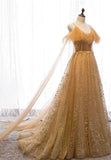 solvbao Gold V-Neck Tulle Long Prom Dresses, A-Line Evening Dresses