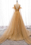 solvbao Gold V-Neck Tulle Long Prom Dresses, A-Line Evening Dresses