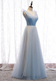 solvbao Blue V-Neck Tulle Long Prom Dresses, A-Line Evening Dresses