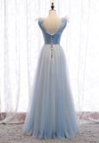 solvbao Blue V-Neck Tulle Long Prom Dresses, A-Line Evening Dresses