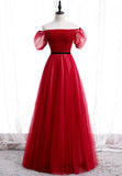 solvbao Red Tulle Long Prom Dresses, A-Line Off the Shoulder Evening Dresses