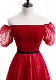 solvbao Red Tulle Long Prom Dresses, A-Line Off the Shoulder Evening Dresses