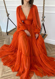 solvbao Orange V-Neck Chiffon Long Prom Dresses, A-Line Evening Dresses