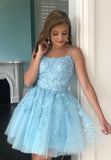 solvbao Short Blue Lace A-Line Prom Dresses, A-Line Homecoming Dresses