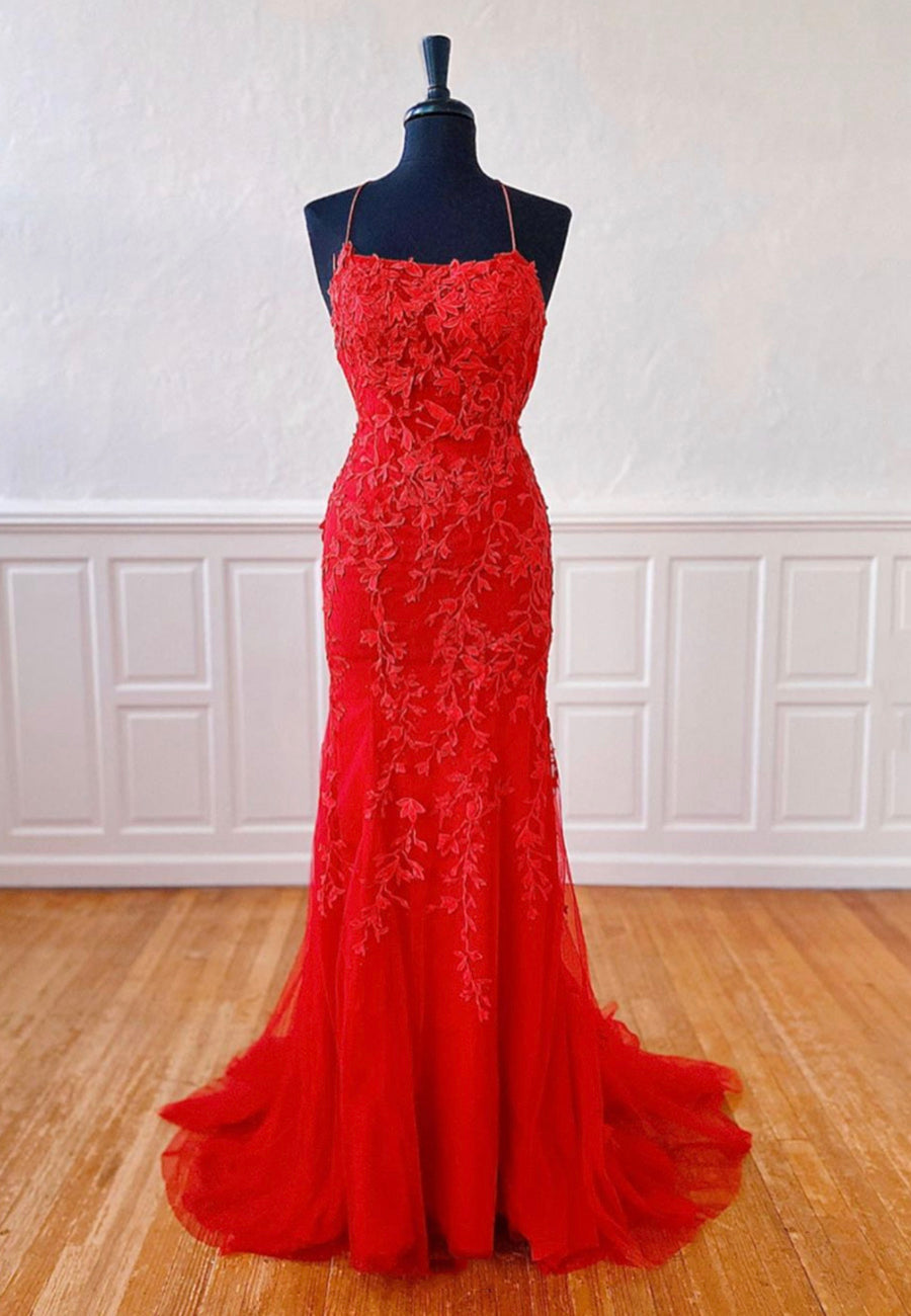 solvbao Red Lace Long Prom Dresses, Mermaid Evening Dresses