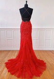 solvbao Red Lace Long Prom Dresses, Mermaid Evening Dresses