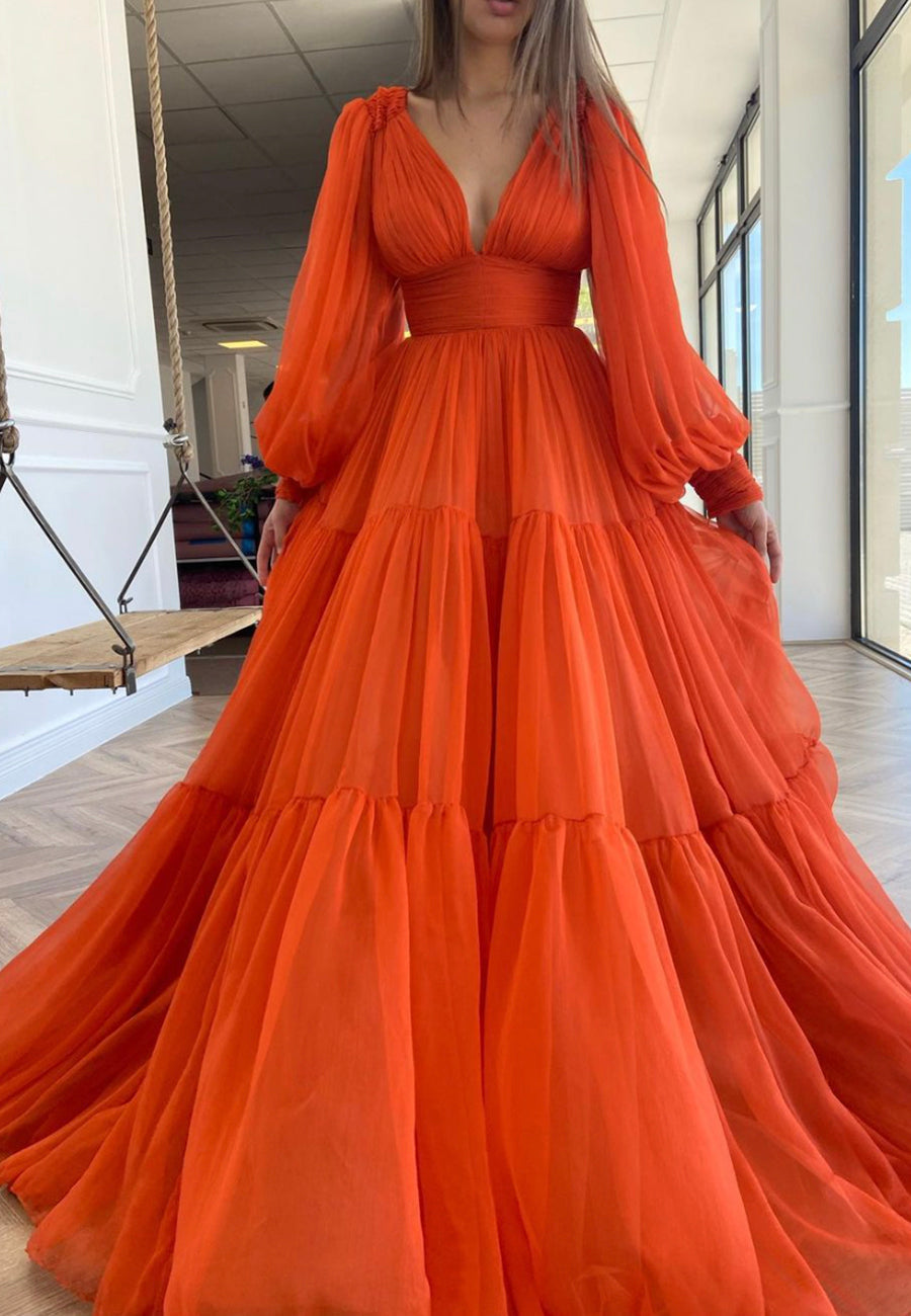 solvbao Orange V-Neck Chiffon Long Prom Dresses, A-Line Evening Dresses