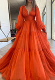 solvbao Orange V-Neck Chiffon Long Prom Dresses, A-Line Evening Dresses