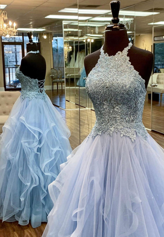 solvbao Blue Tulle Long A-Line Prom Dresses, Lace Evening Dresses