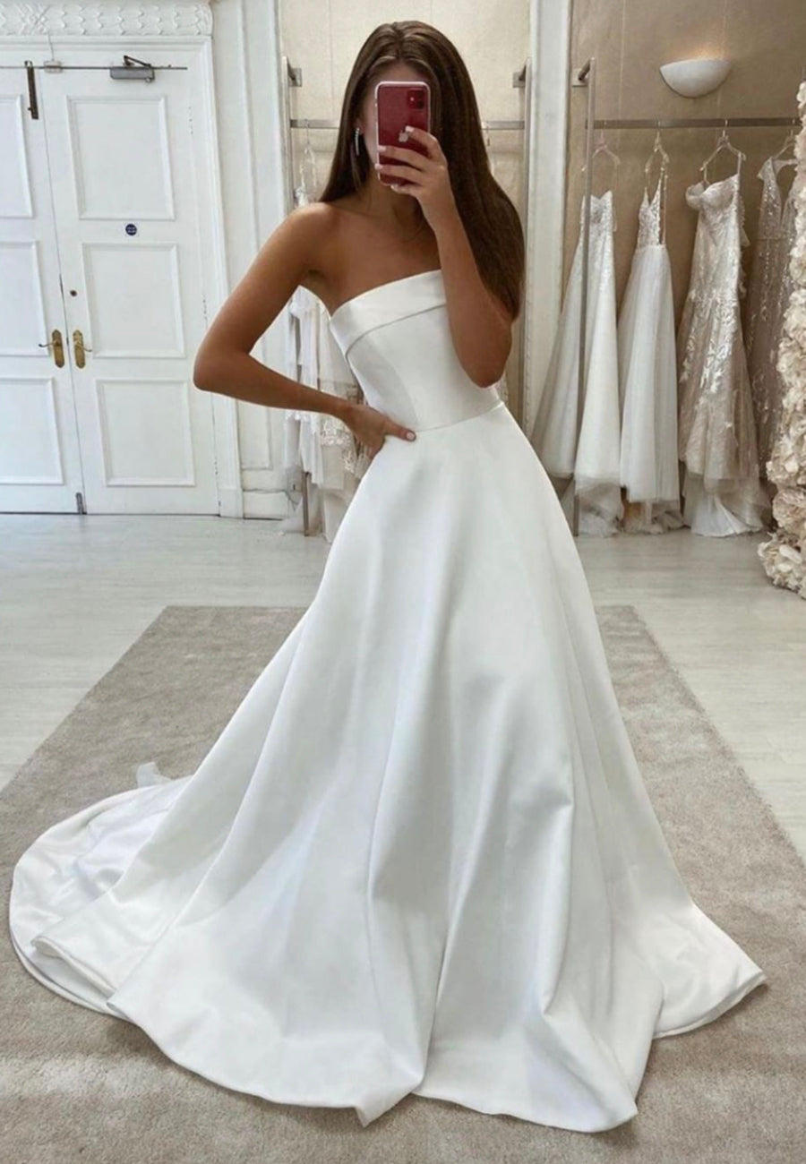 solvbao White Strapless Satin Long Prom Dresses, Simple Evening Dresses