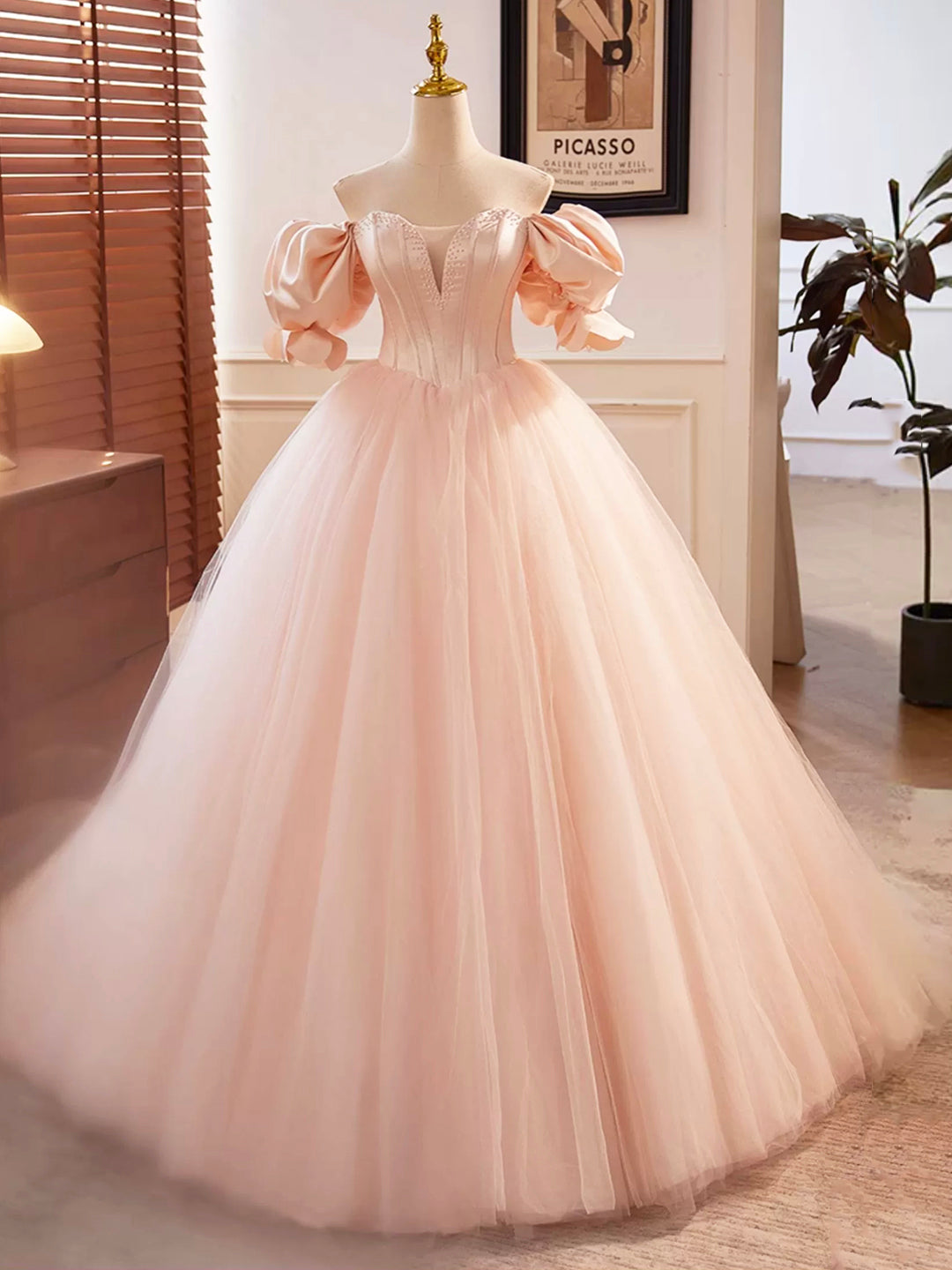 solvbao Pink Sweetheart Neck Corset Tulle Prom Dress, A-Line Off the Shoulder Sweet 16 Dress