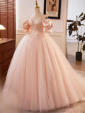 solvbao Pink Sweetheart Neck Corset Tulle Prom Dress, A-Line Off the Shoulder Sweet 16 Dress