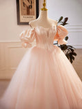 solvbao Pink Sweetheart Neck Corset Tulle Prom Dress, A-Line Off the Shoulder Sweet 16 Dress