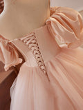 solvbao Pink Sweetheart Neck Corset Tulle Prom Dress, A-Line Off the Shoulder Sweet 16 Dress