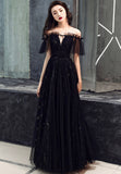 solvbao Black Tulle Long A-Line Prom Dresses, Black Off the Shoulder Evening Dresses