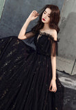 solvbao Black Tulle Long A-Line Prom Dresses, Black Off the Shoulder Evening Dresses