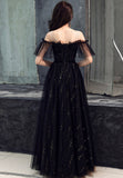 solvbao Black Tulle Long A-Line Prom Dresses, Black Off the Shoulder Evening Dresses