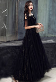 solvbao Black Tulle Long A-Line Prom Dresses, Black Off the Shoulder Evening Dresses