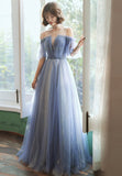 solvbao Blue Tulle Long A-Line Prom Dresses, Blue Evening Dresses