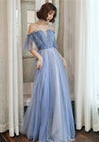 solvbao Blue Tulle Long A-Line Prom Dresses, Blue Evening Dresses