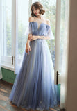 solvbao Blue Tulle Long A-Line Prom Dresses, Blue Evening Dresses