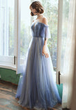 solvbao Blue Tulle Long A-Line Prom Dresses, Blue Evening Dresses