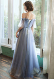 solvbao Blue Tulle Long A-Line Prom Dresses, Blue Evening Dresses