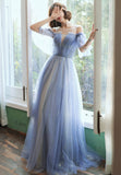 solvbao Blue Tulle Long A-Line Prom Dresses, Blue Evening Dresses