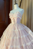 solvbao Pink Strapless Layers Tulle Long Party Dress, Glam Prom Dress Formal Gown