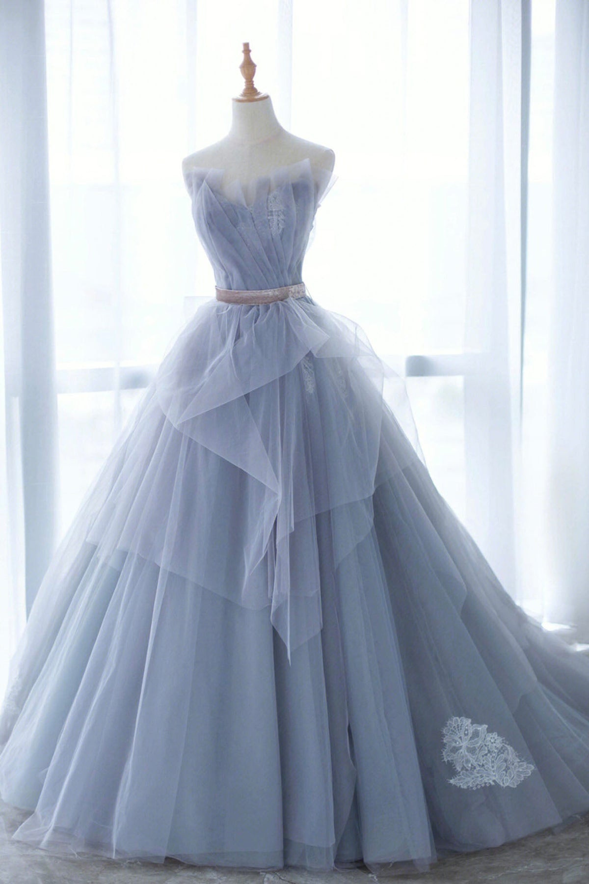 solvbao Blue Tulle Lace Long Prom Dress, A-Line Strapless Evening Gown