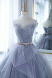 solvbao Blue Tulle Lace Long Prom Dress, A-Line Strapless Evening Gown