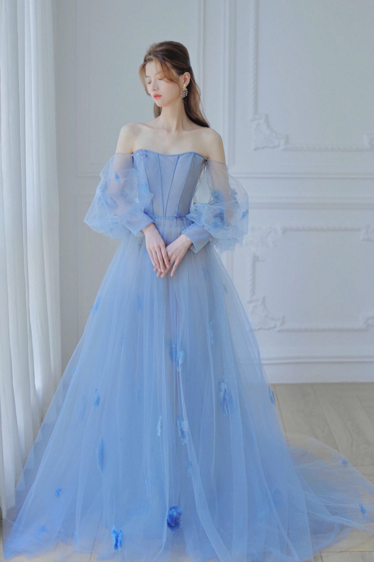 solvbao Blue Tulle Long Sleeve Prom Dress, A-Line Off the Shoulder Evening Dress