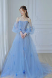 solvbao Blue Tulle Long Sleeve Prom Dress, A-Line Off the Shoulder Evening Dress