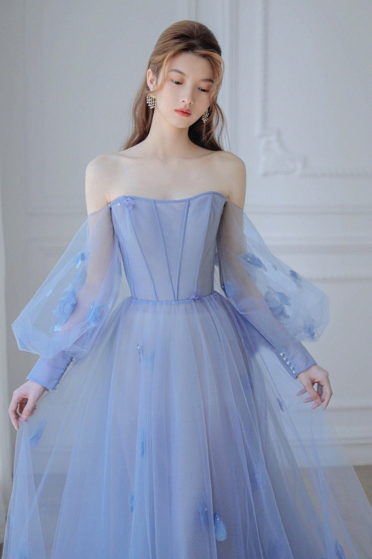 solvbao Blue Tulle Long Sleeve Prom Dress, A-Line Off the Shoulder Evening Dress