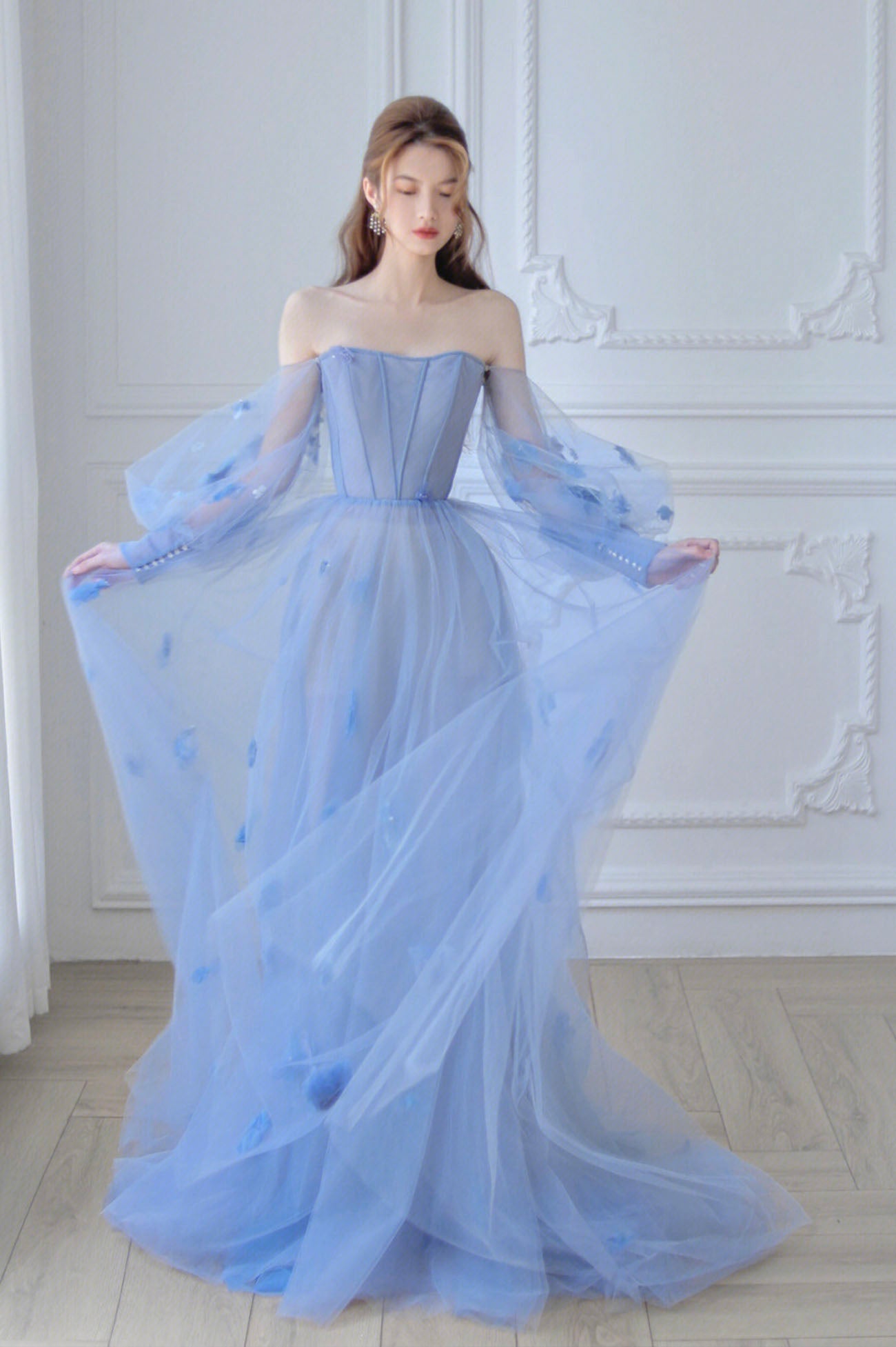 solvbao Blue Tulle Long Sleeve Prom Dress, A-Line Off the Shoulder Evening Dress