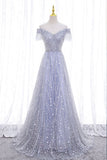 solvbao A-Line Tulle Sequins Long Prom Dress, Off the Shoulder Evening Party Dress