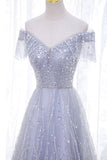 solvbao A-Line Tulle Sequins Long Prom Dress, Off the Shoulder Evening Party Dress