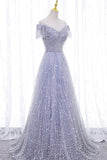 solvbao A-Line Tulle Sequins Long Prom Dress, Off the Shoulder Evening Party Dress