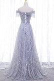 solvbao A-Line Tulle Sequins Long Prom Dress, Off the Shoulder Evening Party Dress