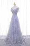 solvbao A-Line Tulle Sequins Long Prom Dress, Off the Shoulder Evening Party Dress