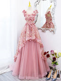 solvbao Pink Tulle Long Prom Dress with Flowers, Beautiful A-Line Sweet 16 Dress